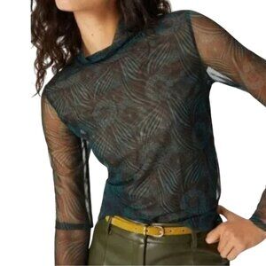 Anthropologie Sheer Mesh Turtleneck Green Black Floral Blouse Size M